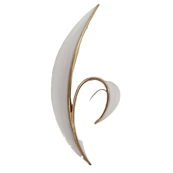 Trifari Crown Over T Gold-Tone Large White Enamel Double Leaf Brooch Pin, Signed